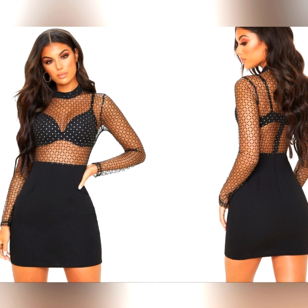PrettyLittleThing Black Mesh Mini Dress with Polka Dot Bodice